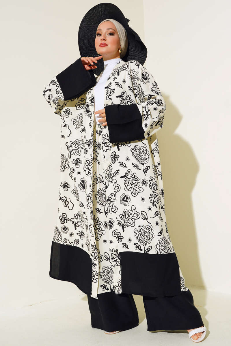 Etnik Desen Kimono İkili Takım Ekru Siyah AY7454