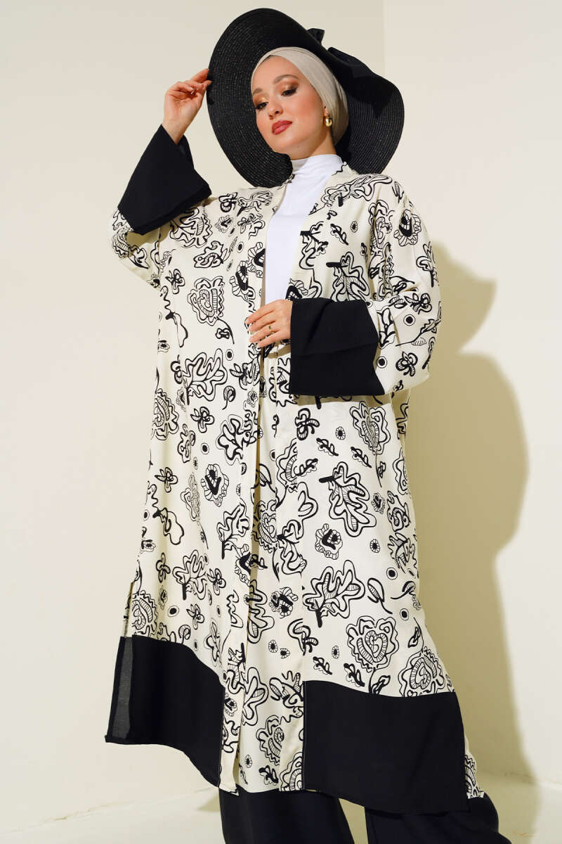 Etnik Desen Kimono İkili Takım Ekru Siyah AY7454