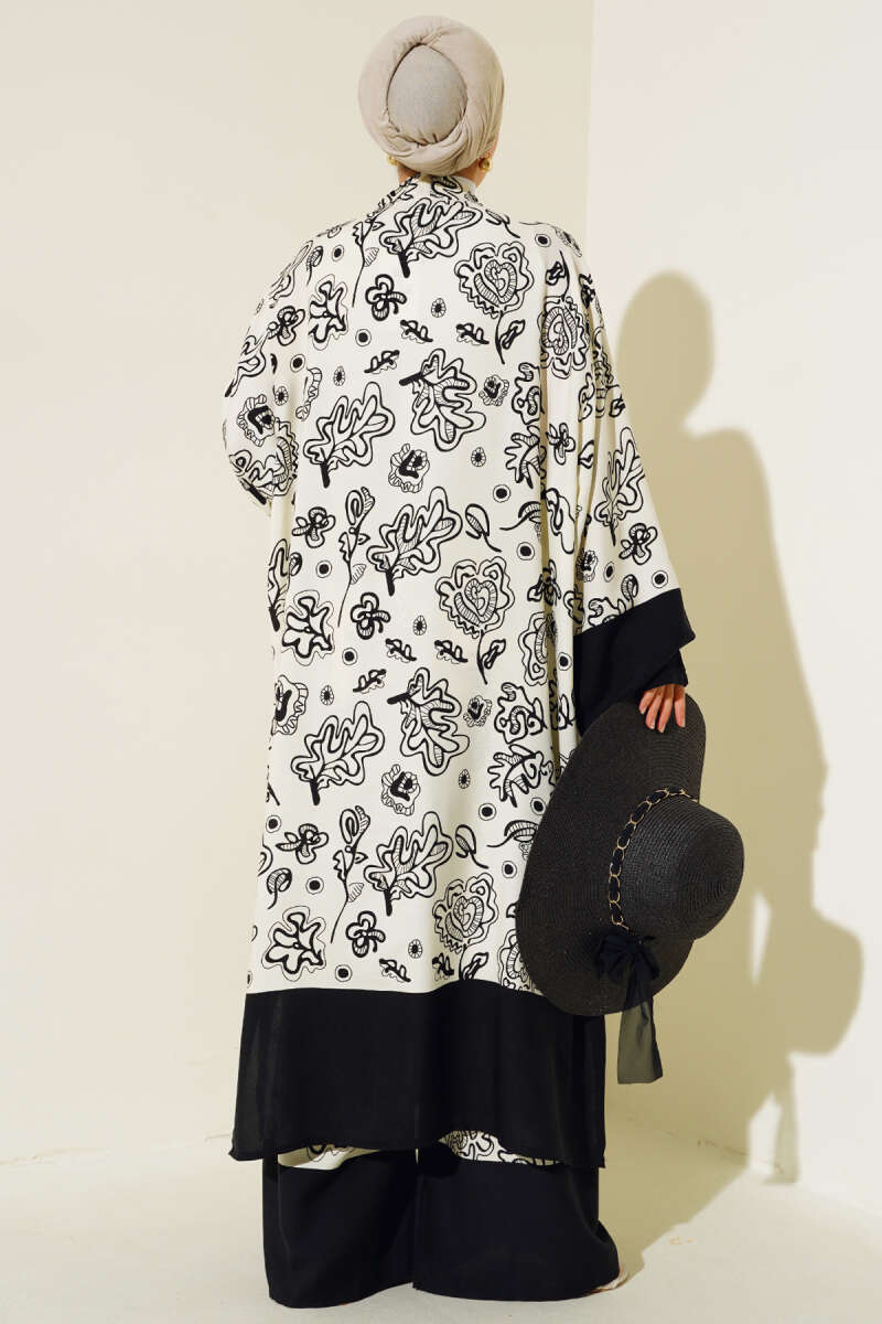 Etnik Desen Kimono İkili Takım Ekru Siyah AY7454