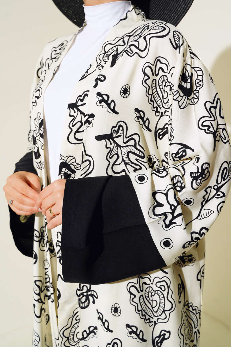 Etnik Desen Kimono İkili Takım Ekru Siyah AY7454