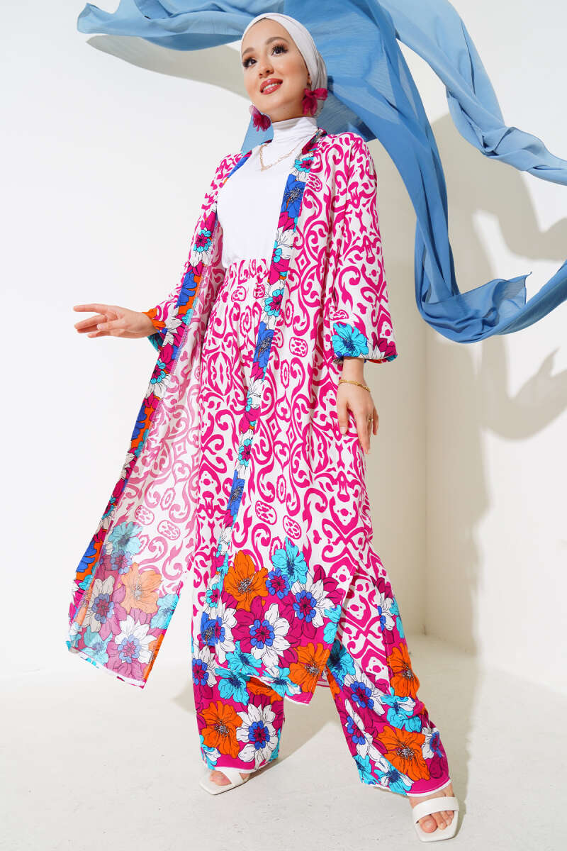 Kol Lastikli Salaş Kimono Takım Fuşya AY7454