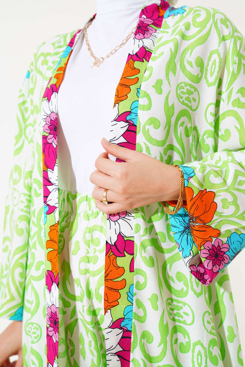 Kol Lastikli Salaş Kimono Takım Fıstık Yeşili AY7454