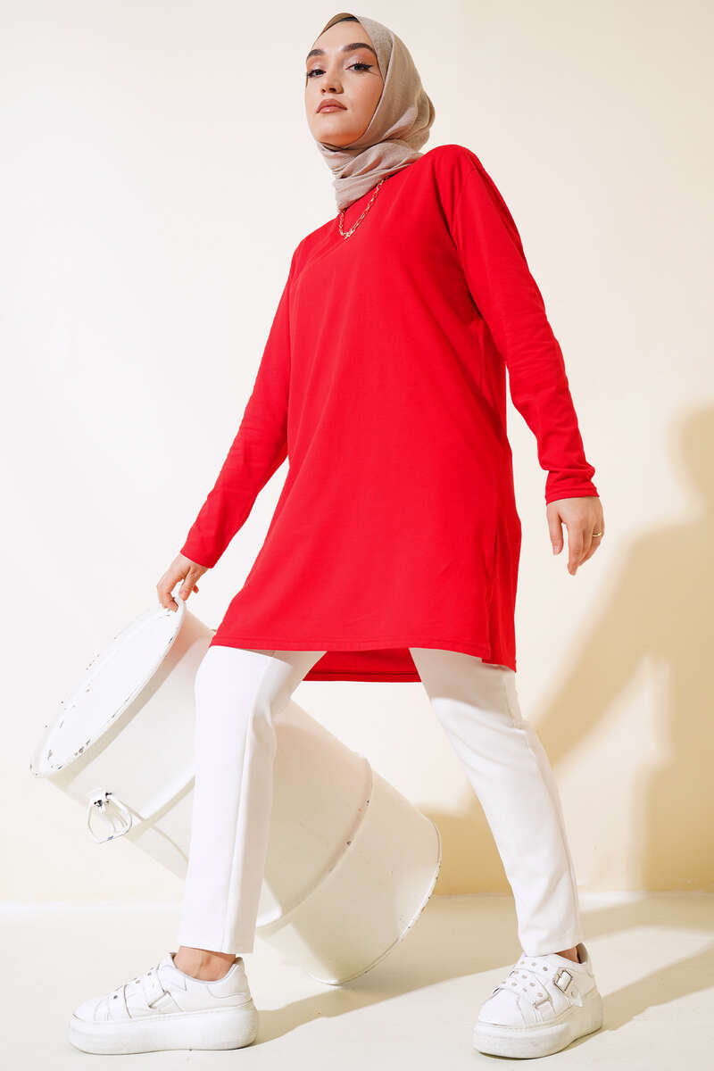 Uzun Kol Basic Tunik Kırmızı AY7254