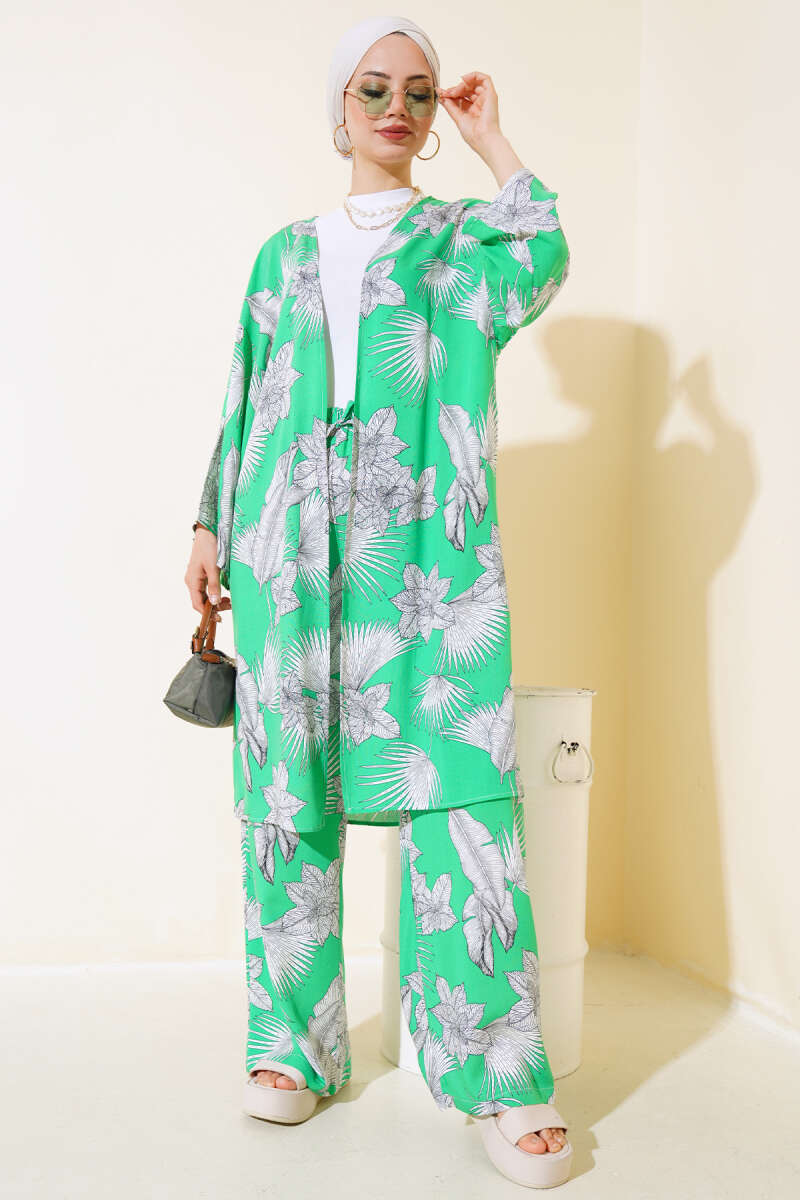 Desenli Salaş Kimono İkili Takım Yeşil AY7698