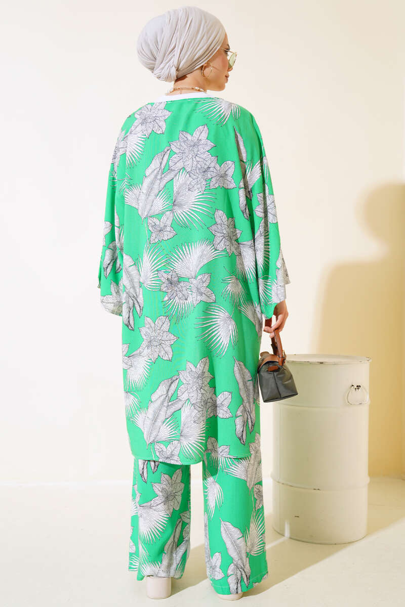 Desenli Salaş Kimono İkili Takım Yeşil AY7698