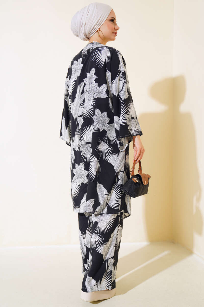 Desenli Salaş Kimono İkili Takım Siyah AY7698