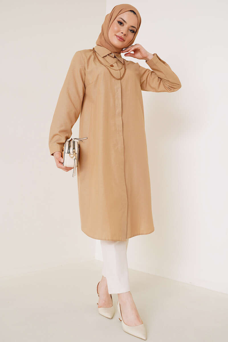 Uzun Model Klasik Yaka Latte Tunik AY6976
