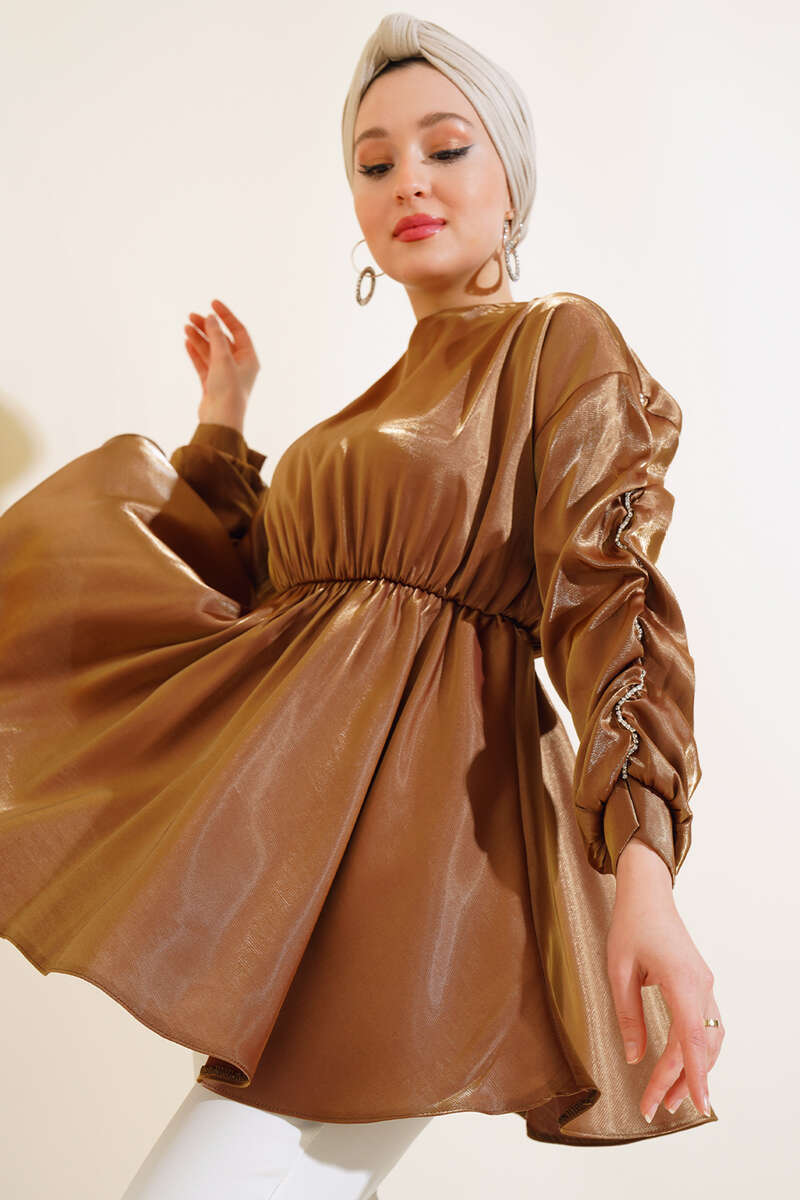 Kolları Taşlı Büzgülü Tunik Kahve  AY8072