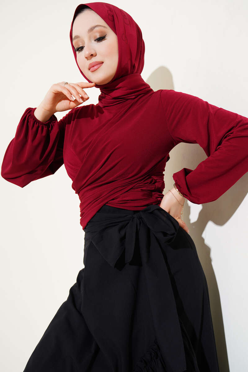 Bilek Lastikli Çapraz Büzgülü Bluz Bordo AY5964