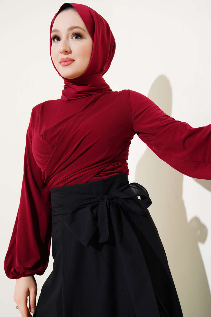 Bilek Lastikli Çapraz Büzgülü Bluz Bordo AY5964