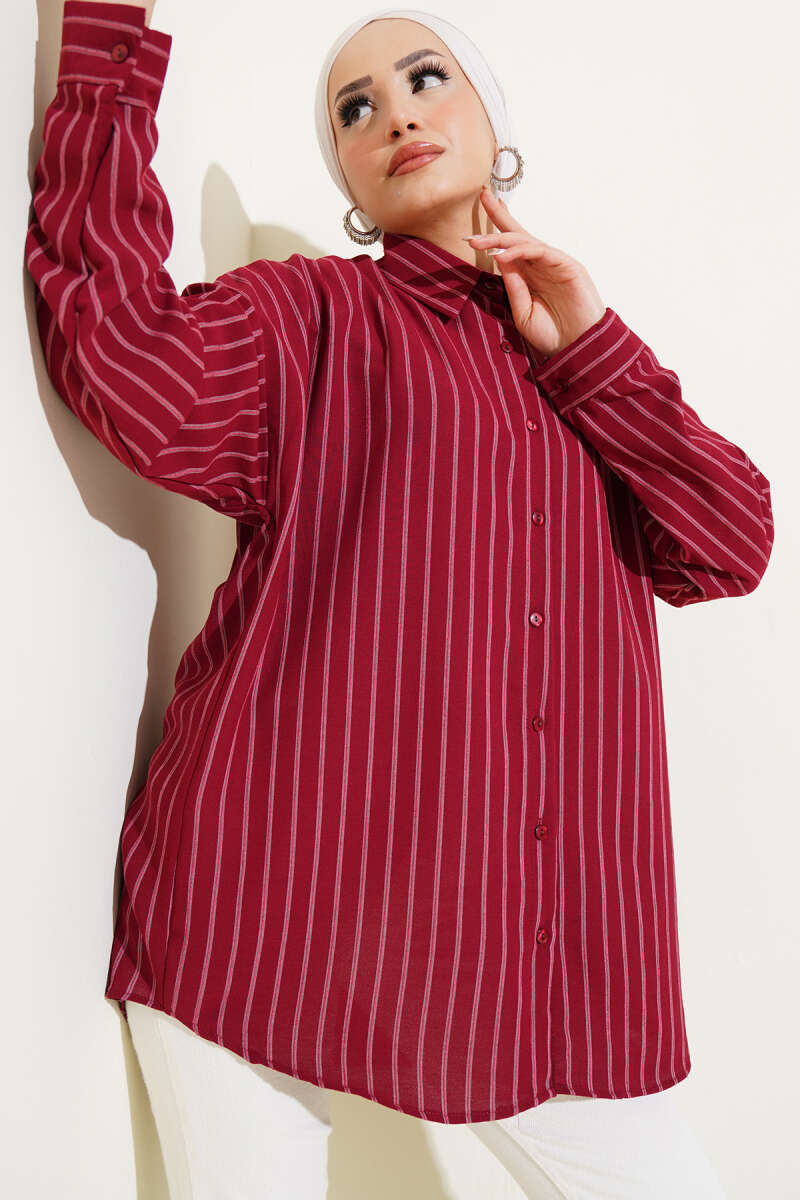 Çizgili Oversize Arkası Pileli Gömlek Bordo AY6074