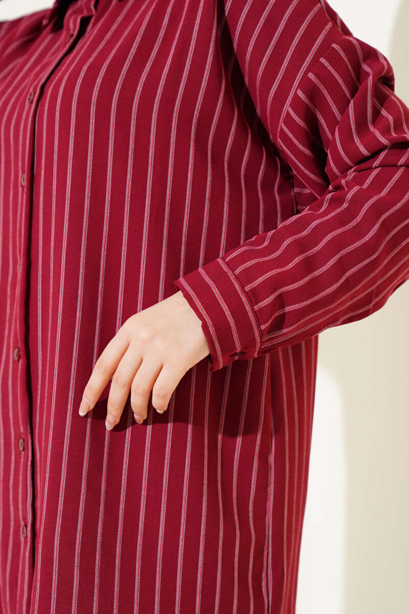 Çizgili Oversize Arkası Pileli Gömlek Bordo AY6074