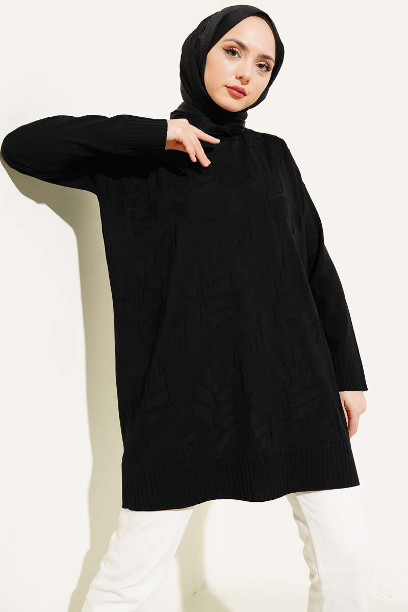 Yaprak Desen Triko Tunik Siyah AY8540