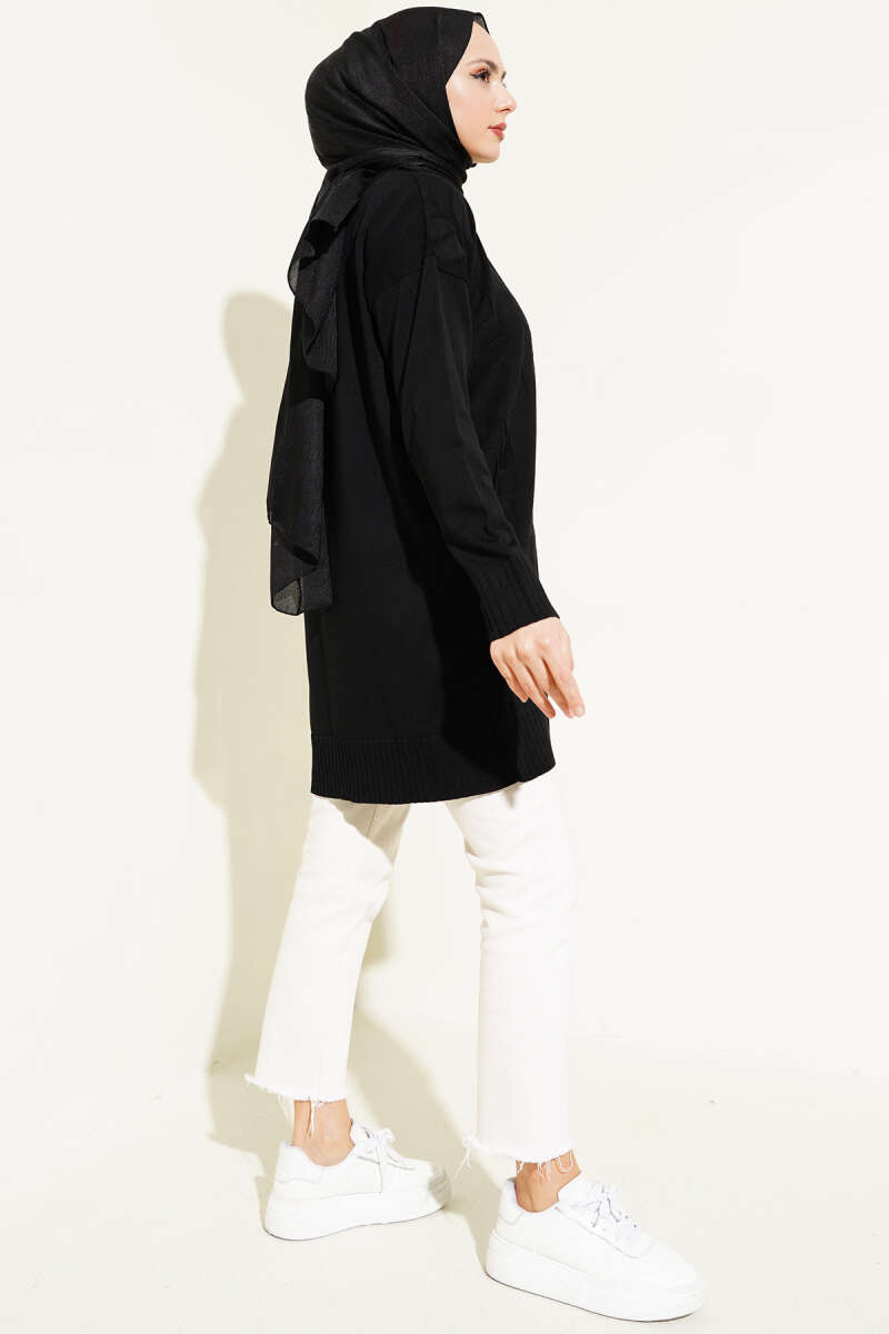 Yaprak Desen Triko Tunik Siyah AY8540