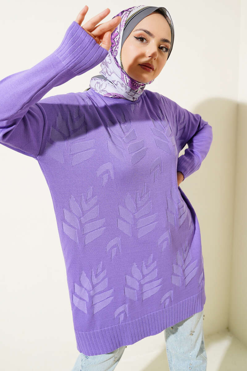 Yaprak Desen Triko Tunik Lila AY8540