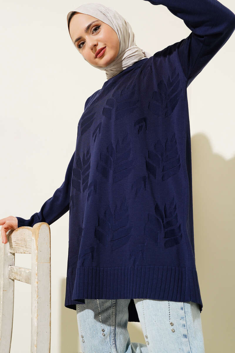 Yaprak Desen Triko Tunik Lacivert AY8540
