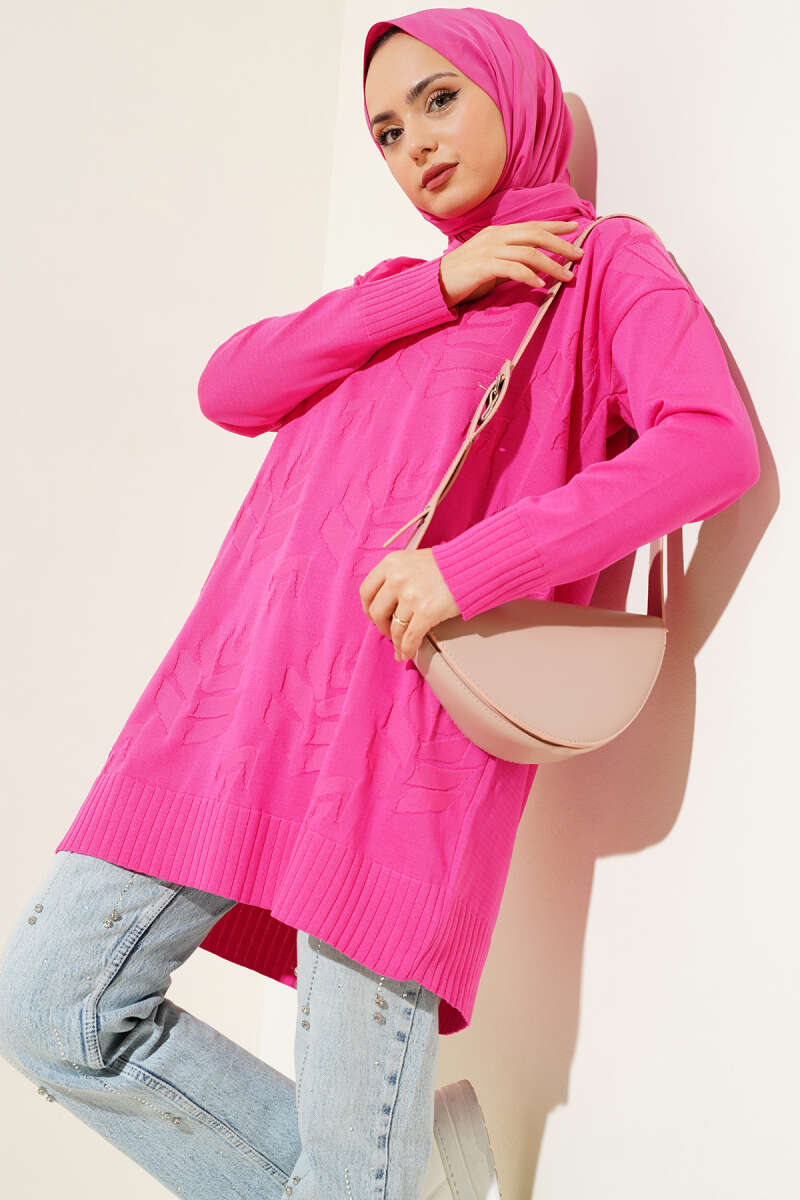 Yaprak Desen Triko Tunik Fuşya AY8540