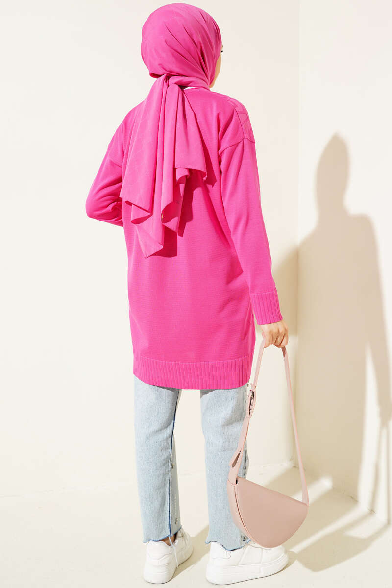 Yaprak Desen Triko Tunik Fuşya AY8540