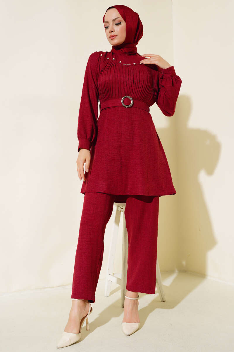 Önü İnci Detaylı Kemerli Tunik Takımı Bordo AY6624