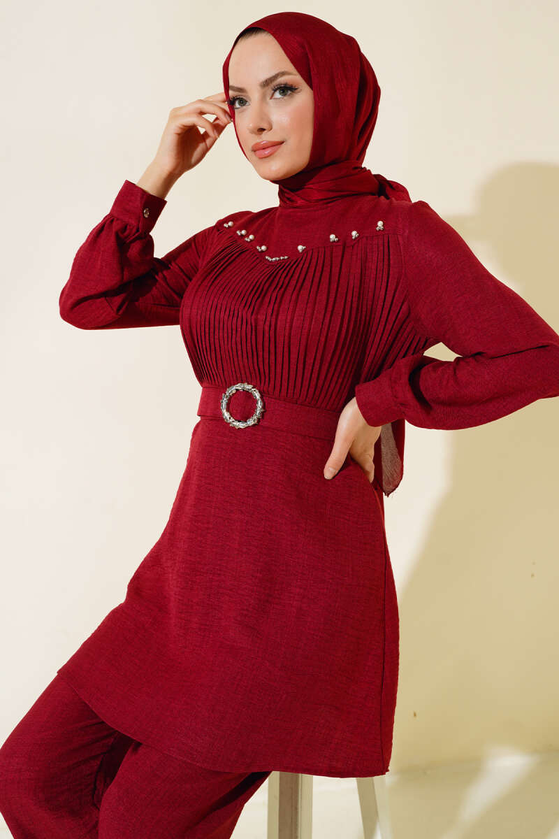 Önü İnci Detaylı Kemerli Tunik Takımı Bordo AY6624