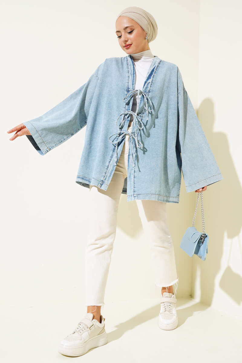 	 Önü İp Bağlamalı Kot Kimono Buz Mavisi AY8971