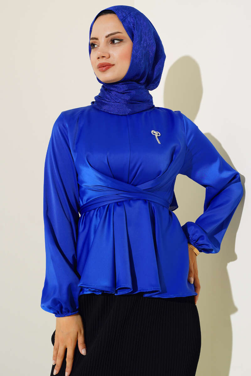 Önü Bağlamalı Saten Bluz Saks AY9284