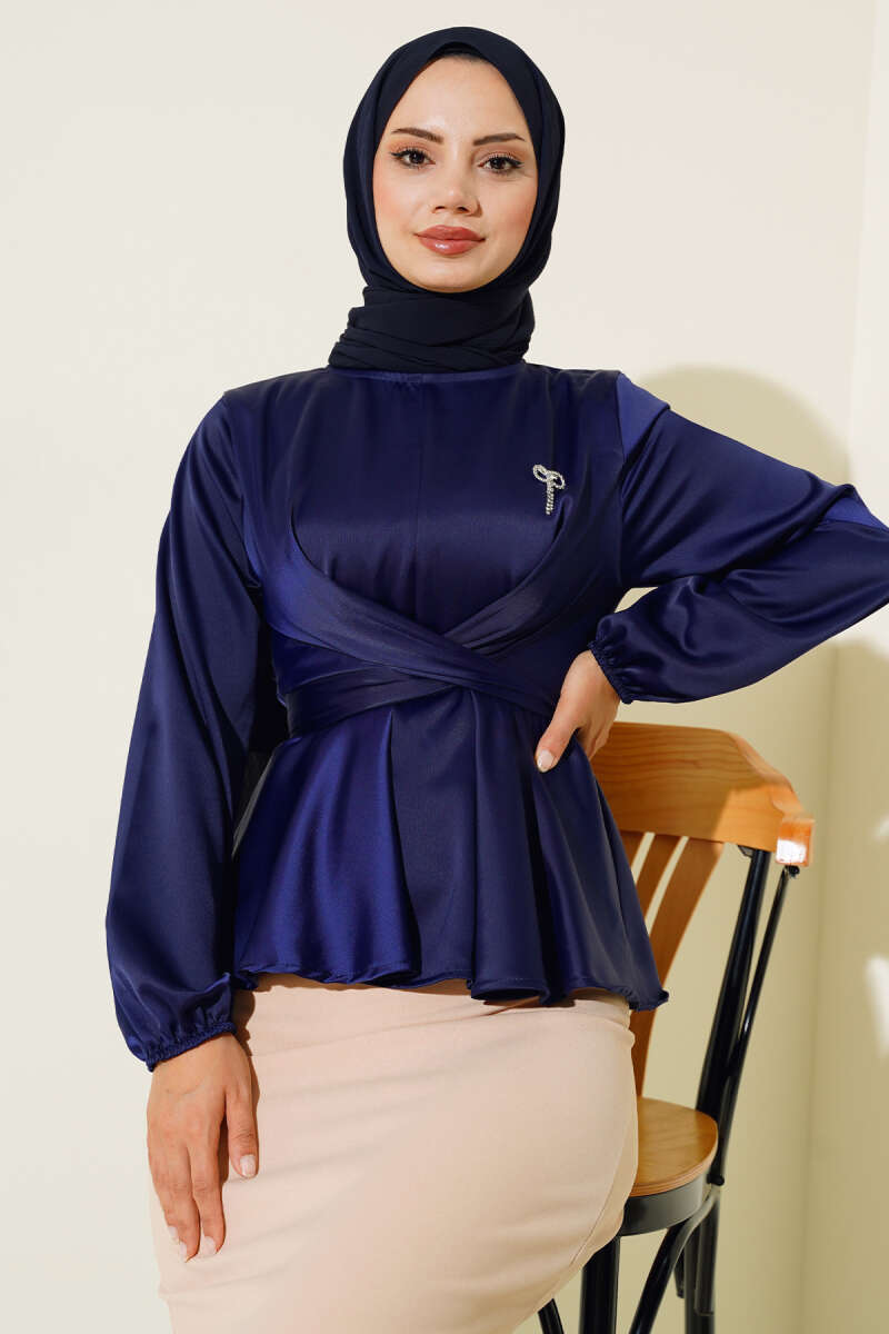 Önü Bağlamalı Saten Bluz Lacivert AY9284