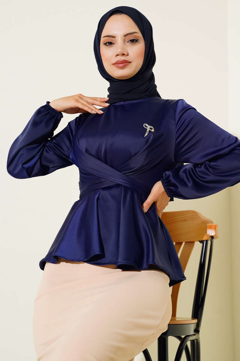 Önü Bağlamalı Saten Bluz Lacivert AY9284