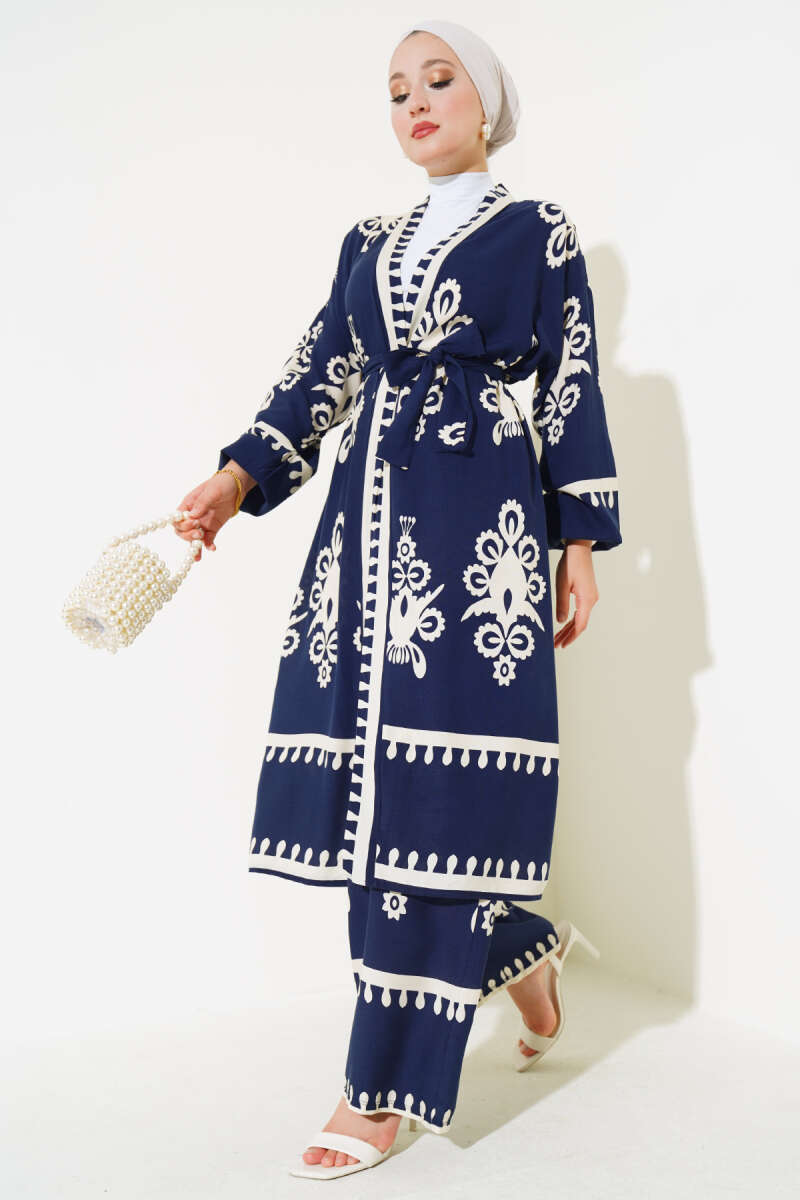 Desenli Kuşaklı Kimono İkili Takım Lacivert AY7496