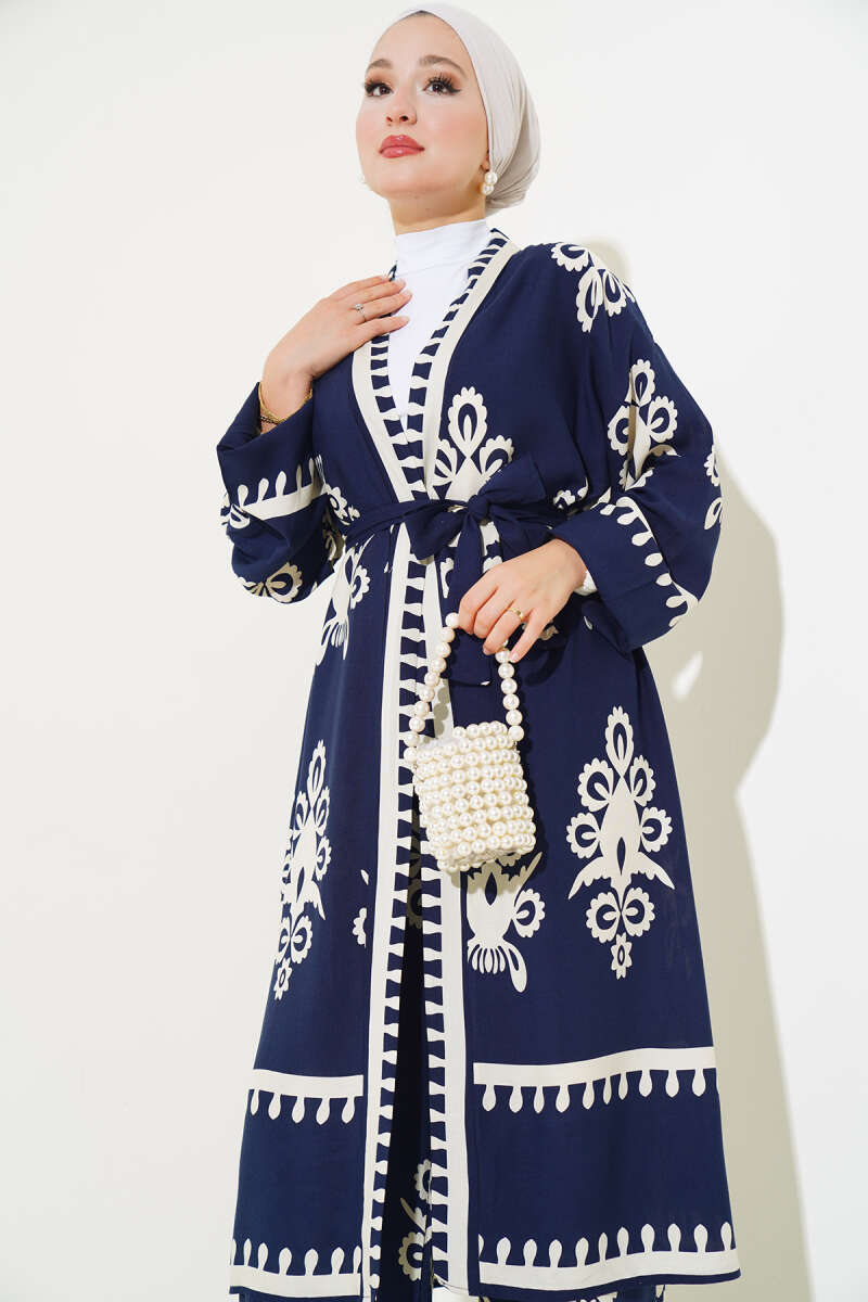 Desenli Kuşaklı Kimono İkili Takım Lacivert AY7496