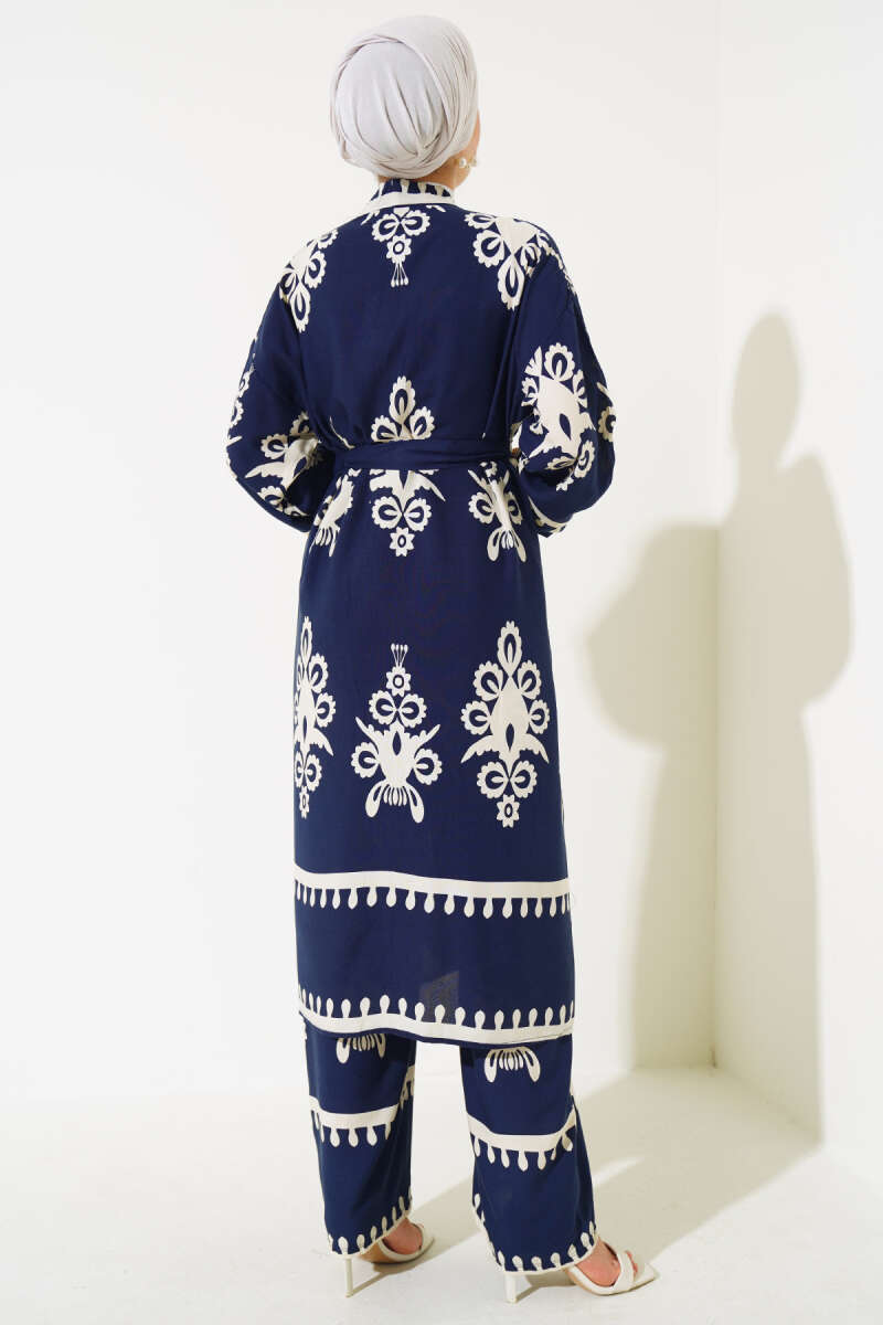 Desenli Kuşaklı Kimono İkili Takım Lacivert AY7496