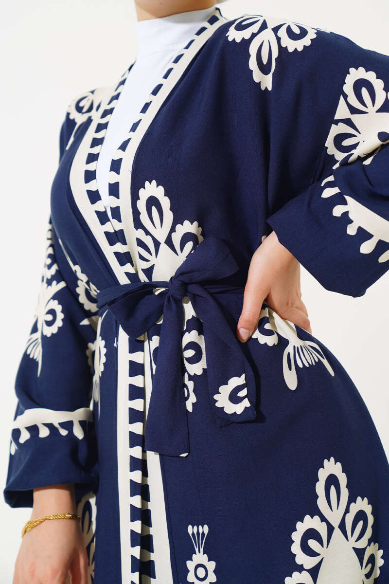 Desenli Kuşaklı Kimono İkili Takım Lacivert AY7496