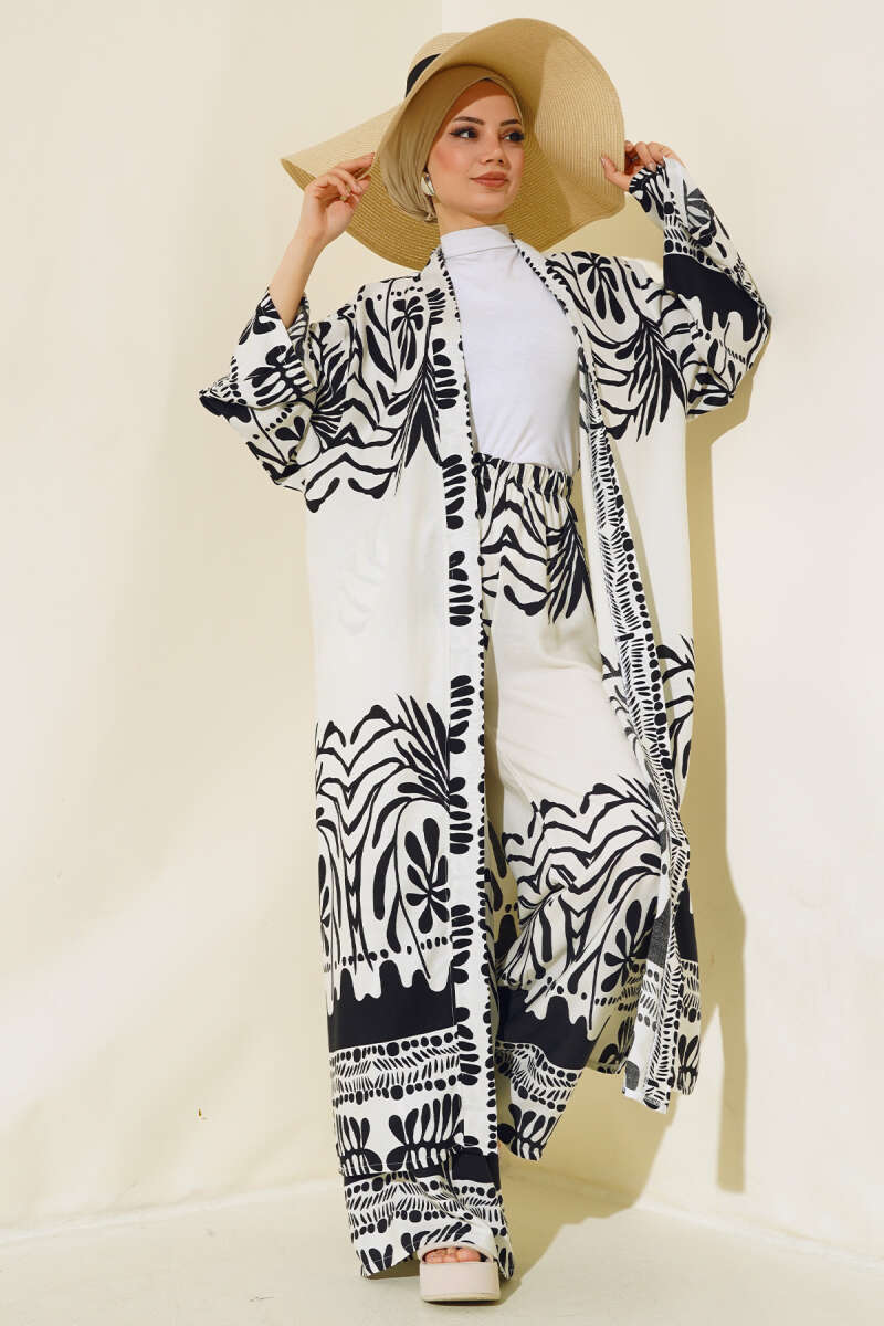 Etnik Desen Kimono İkili Takım Siyah AY7454