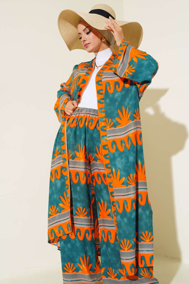 Etnik Desen Kimono İkili Takım Oranj Zümrüt AY7454