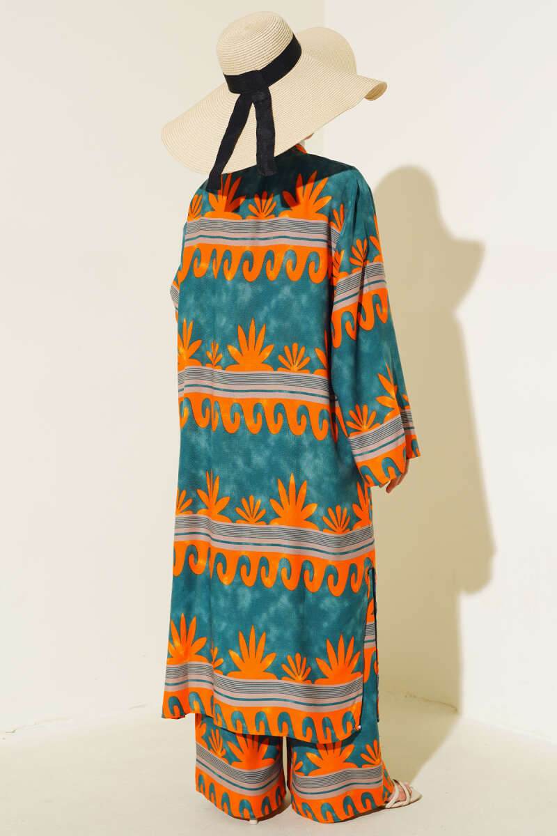 Etnik Desen Kimono İkili Takım Oranj Zümrüt AY7454
