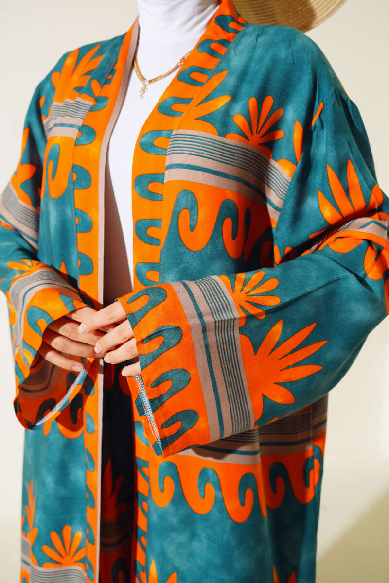 Etnik Desen Kimono İkili Takım Oranj Zümrüt AY7454