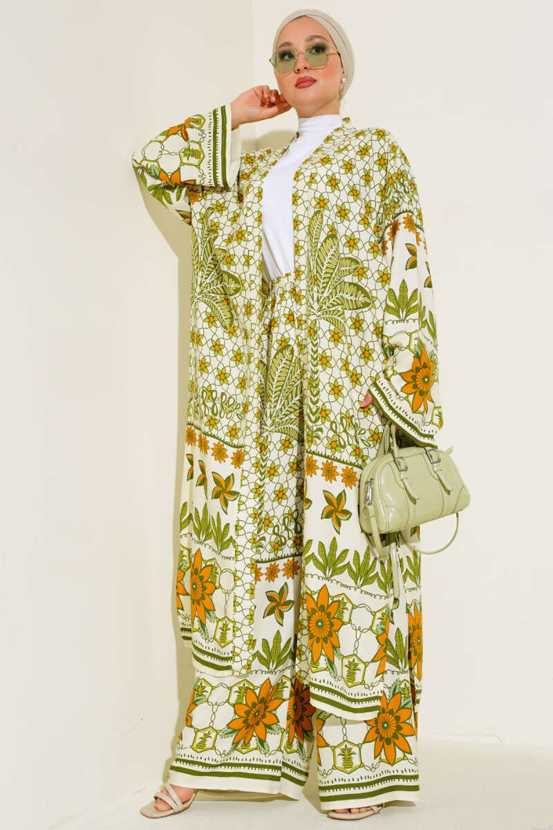 Etnik Desen Kimono İkili Takım Yağ Yeşili AY7454