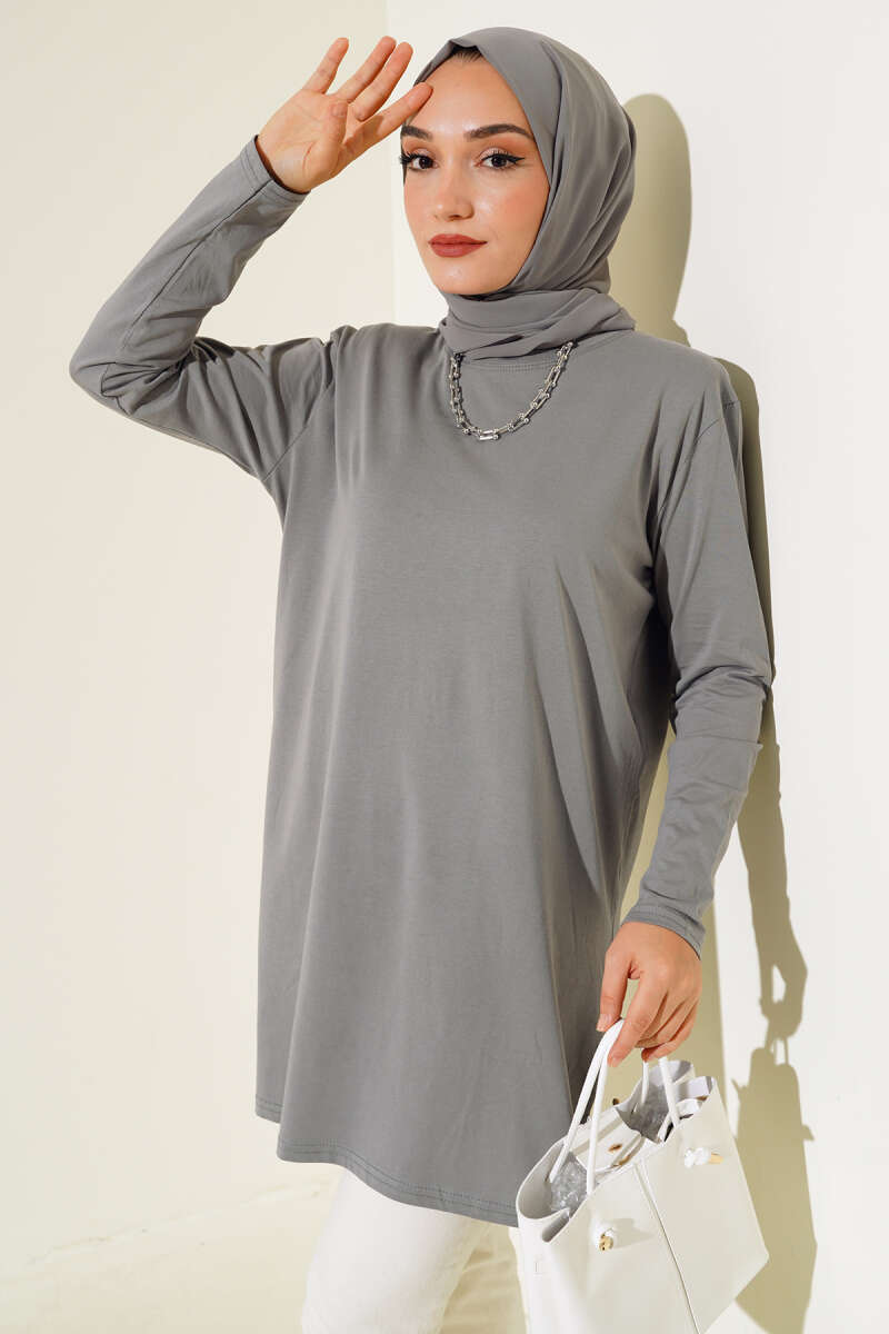 Uzun Kol Basic Tunik Füme AY7254