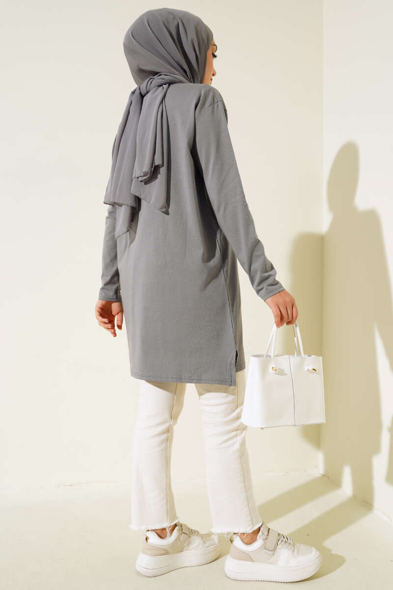 Uzun Kol Basic Tunik Füme AY7254