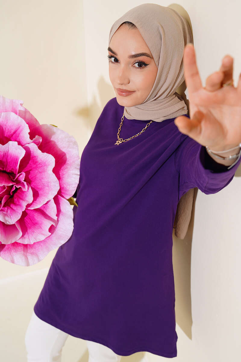 Uzun Kol Basic Tunik Mor AY7254