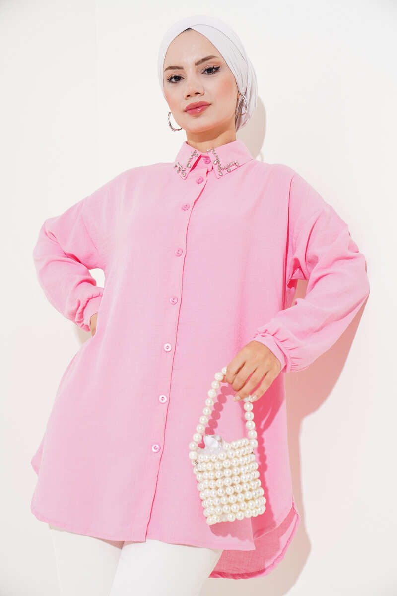 Yaka Taş İşlemeli Gömlek Pembe AY9368