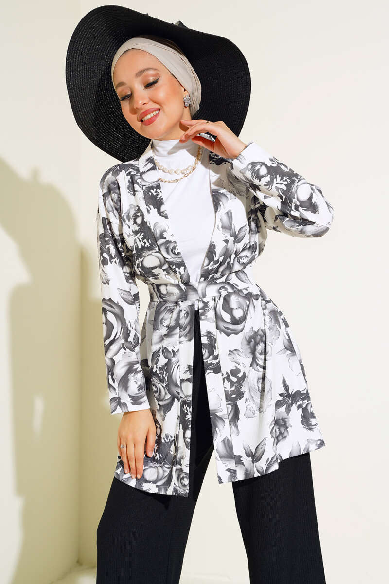Desenli Bürümcük Kimono Takım Siyah AY9458