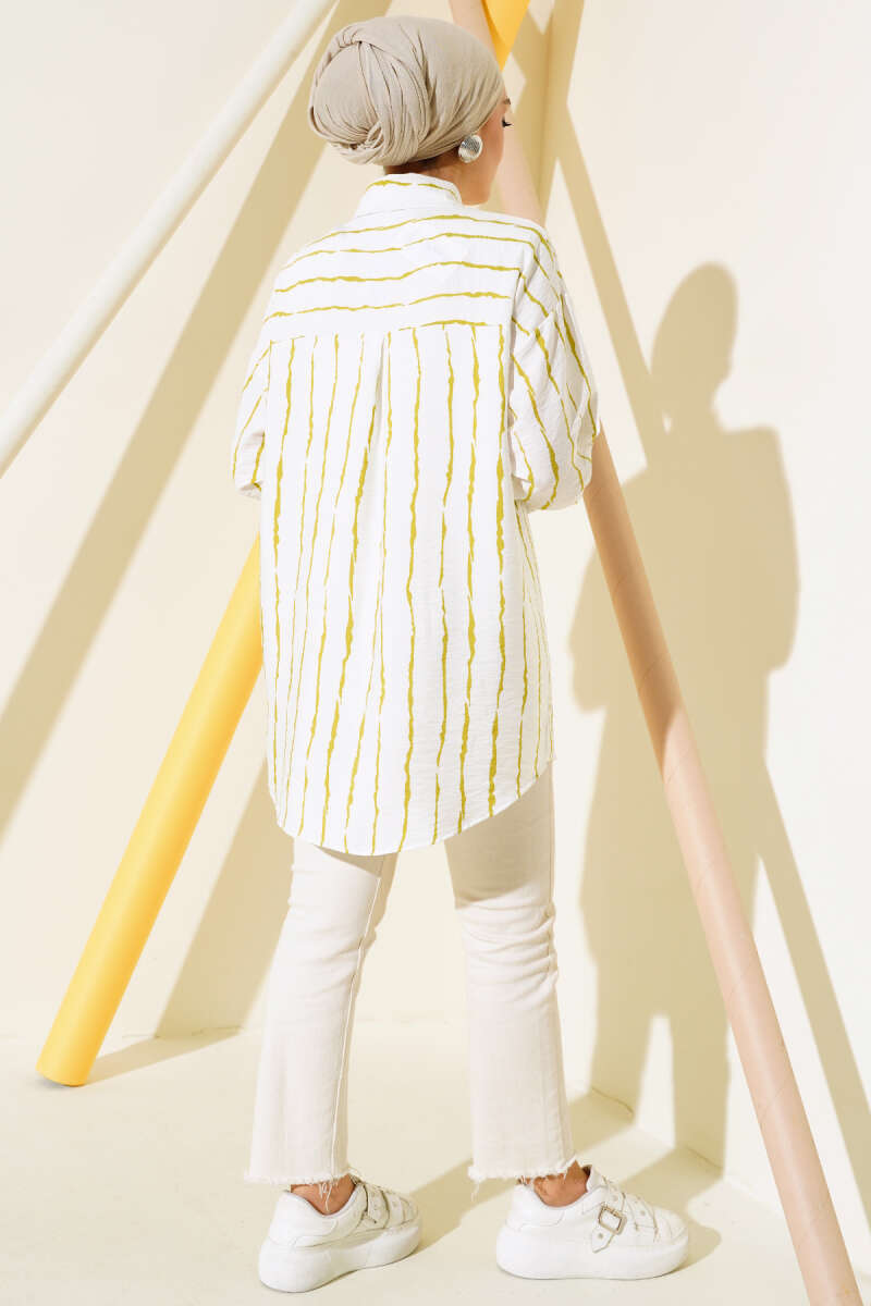 Çizgi Desen Oversize Gömlek Yağ Yeşili AY7544