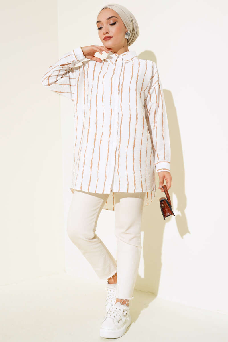 Çizgi Desen Oversize Gömlek Latte AY7544