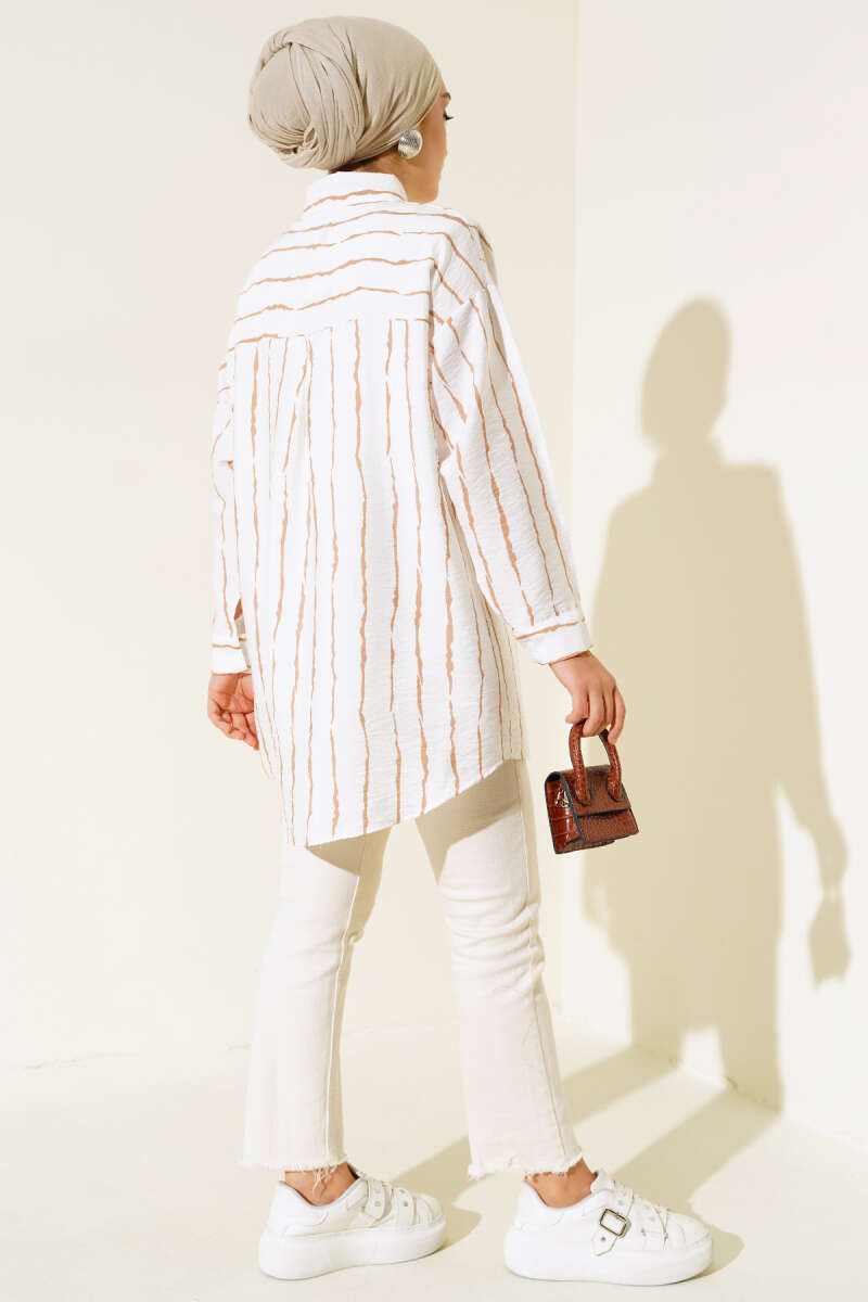 Çizgi Desen Oversize Gömlek Latte AY7544
