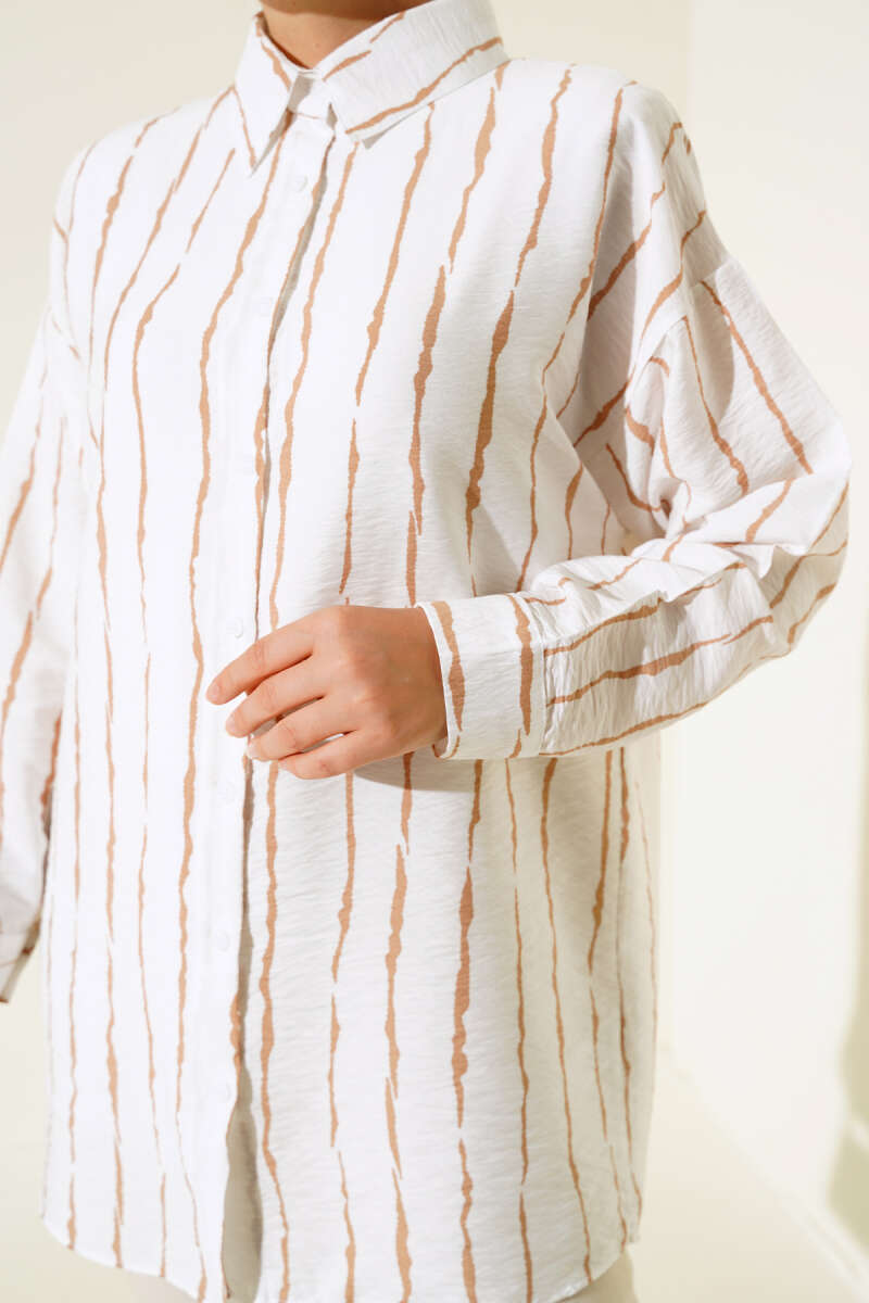 Çizgi Desen Oversize Gömlek Latte AY7544