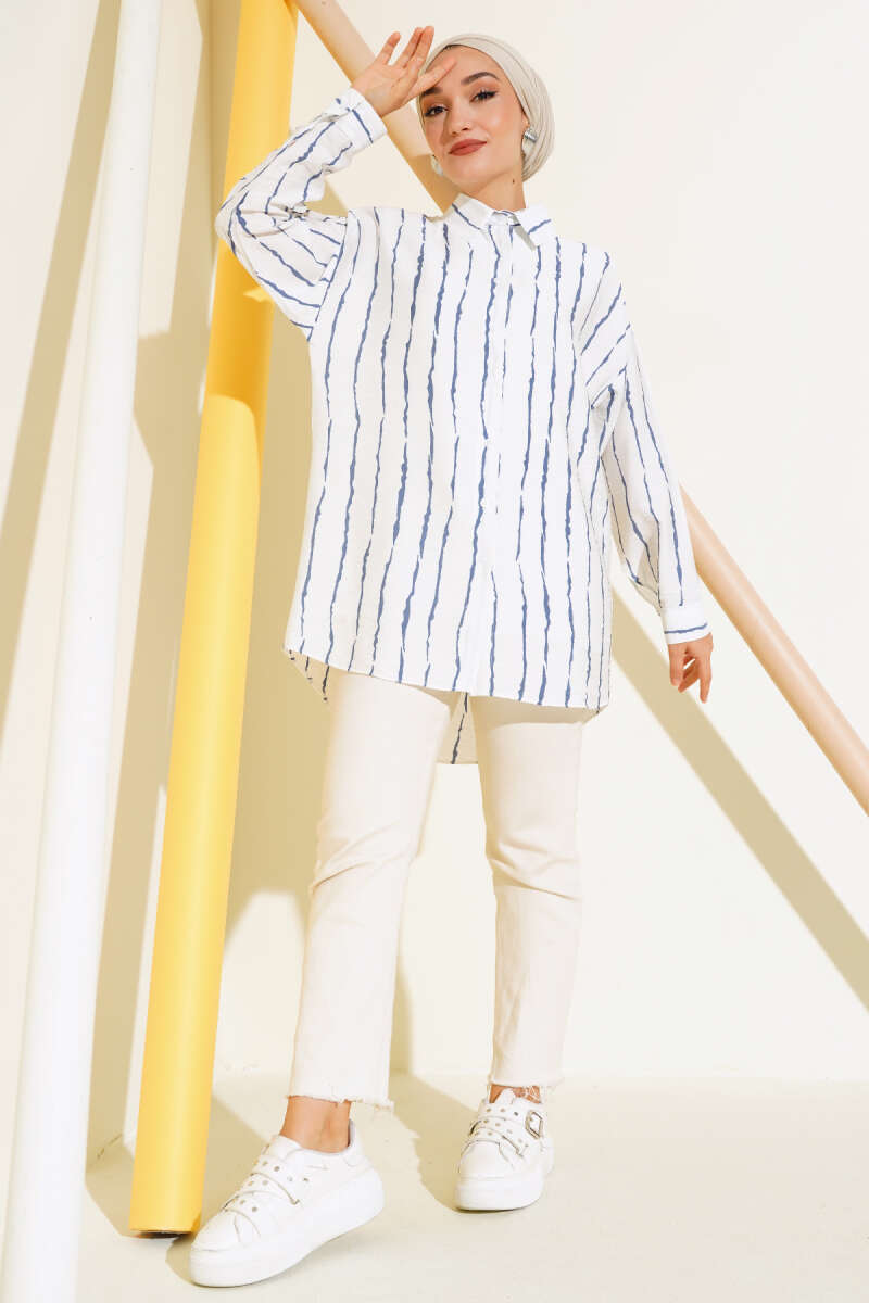 Çizgi Desen Oversize Gömlek Lacivert AY7544