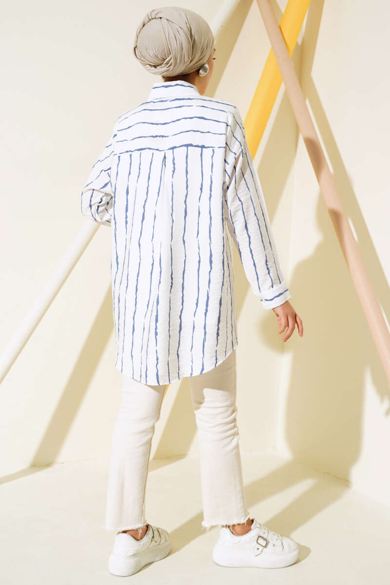 Çizgi Desen Oversize Gömlek Lacivert AY7544