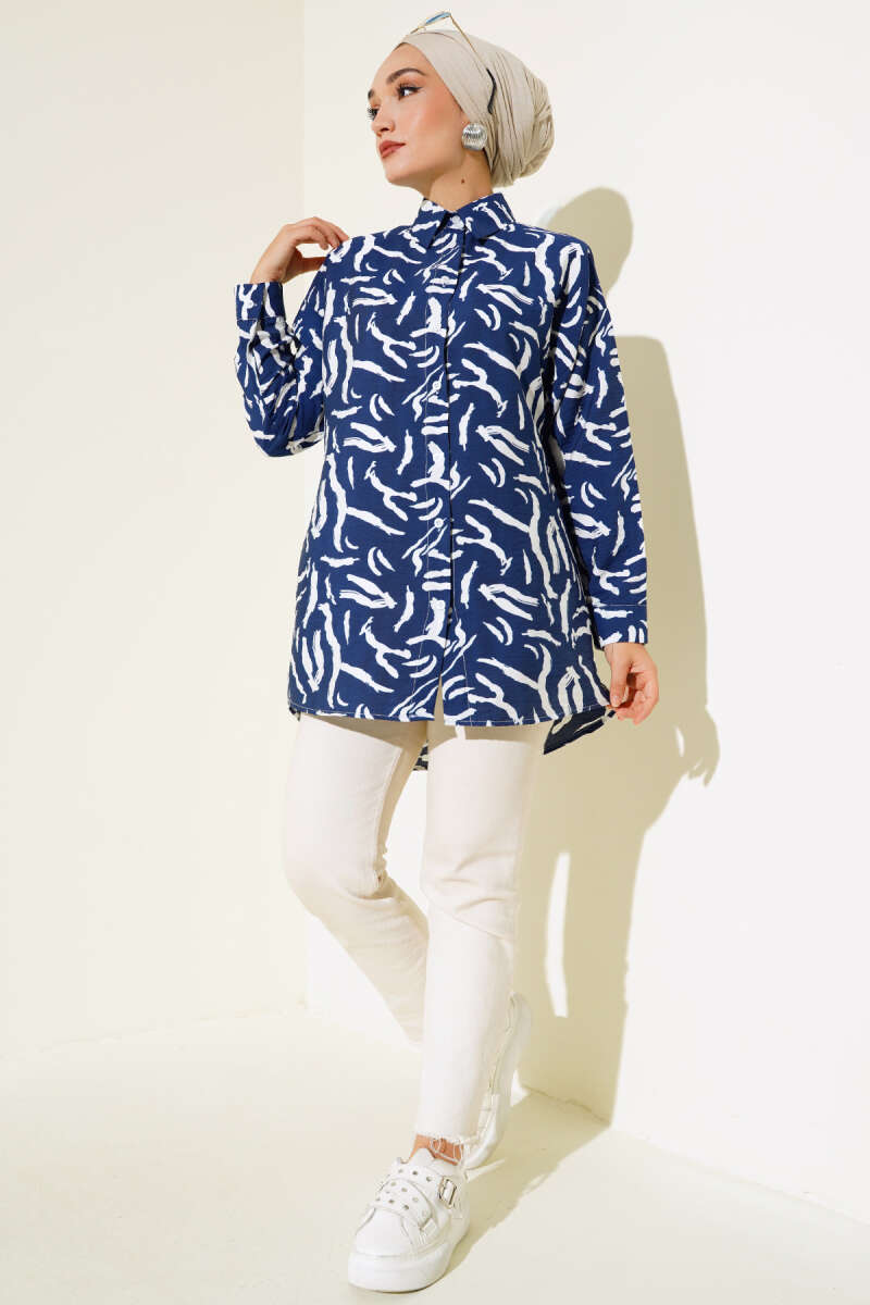 Zebra Desen Oversize Gömlek Lacivert AY7544