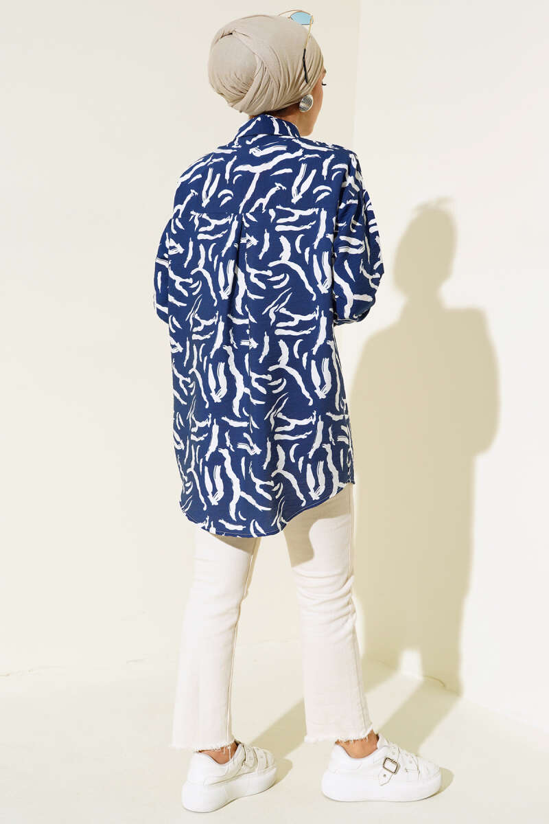 Zebra Desen Oversize Gömlek Lacivert AY7544